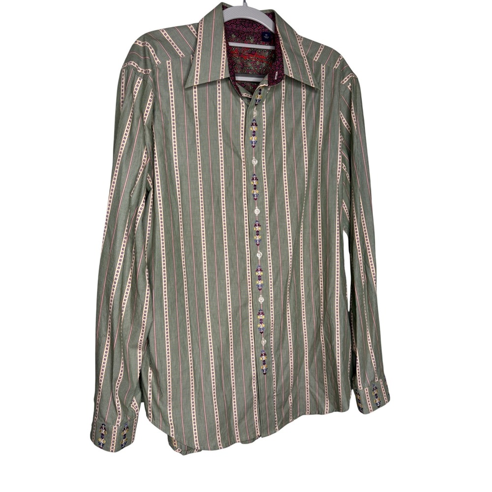 Robert Graham Shirt Mens Large Green Geometric Flip Cuff formal button down